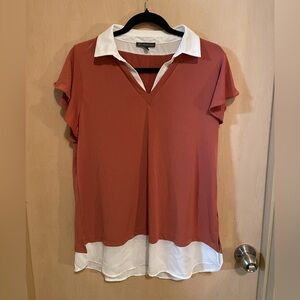 Terracotta and White V-Neck Collared Blouse